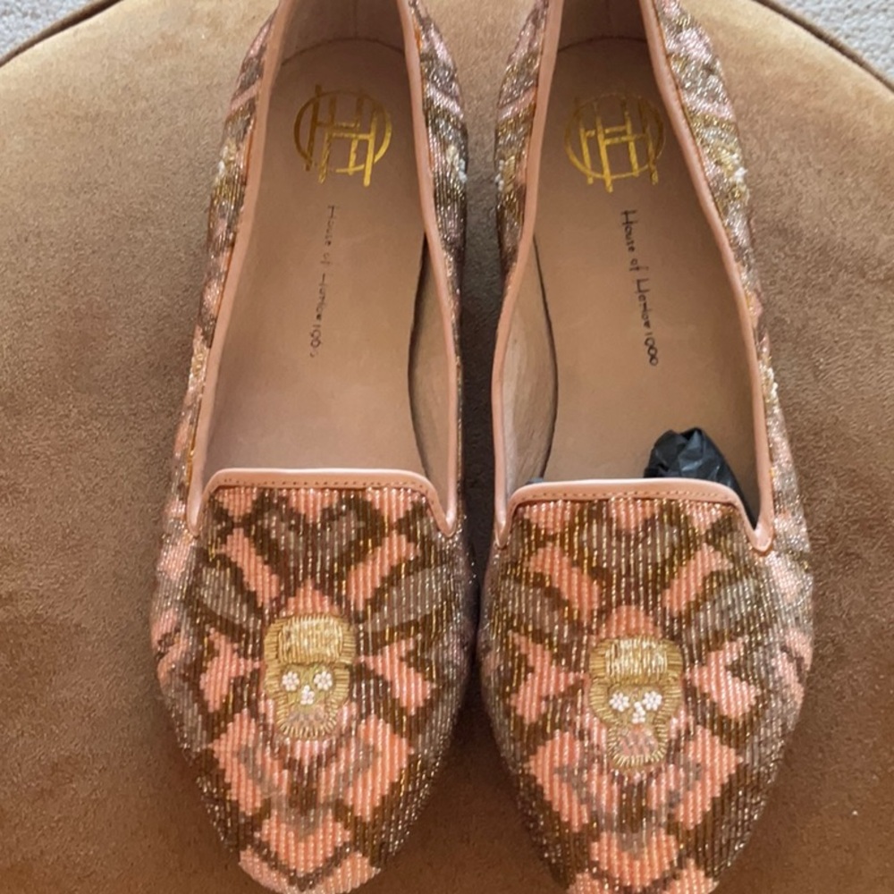 NEW HOUSE OF HARLOW 1960 skull beaded loafer moccasins 40 9.5 9 10 pink gold